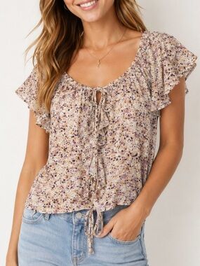 Arizona Jean Co XXL Floral Ruffle Tie Front Boho Peasant Blouse NWT